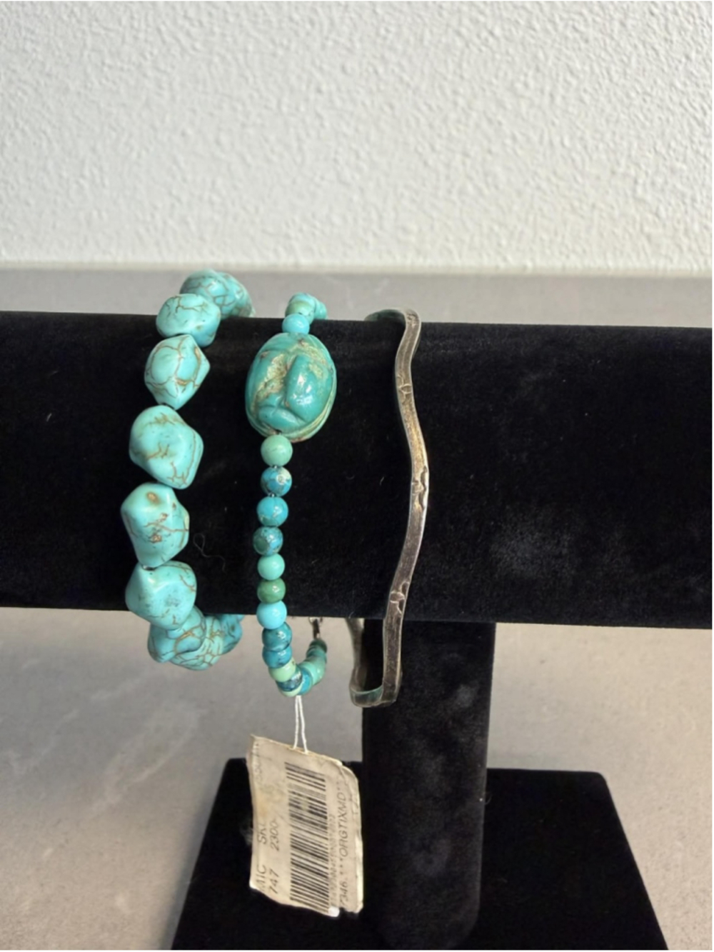 Turquoise Bracelet Lot of 3 Boho Southwest Nugget Beads & Hammered Cuff Set